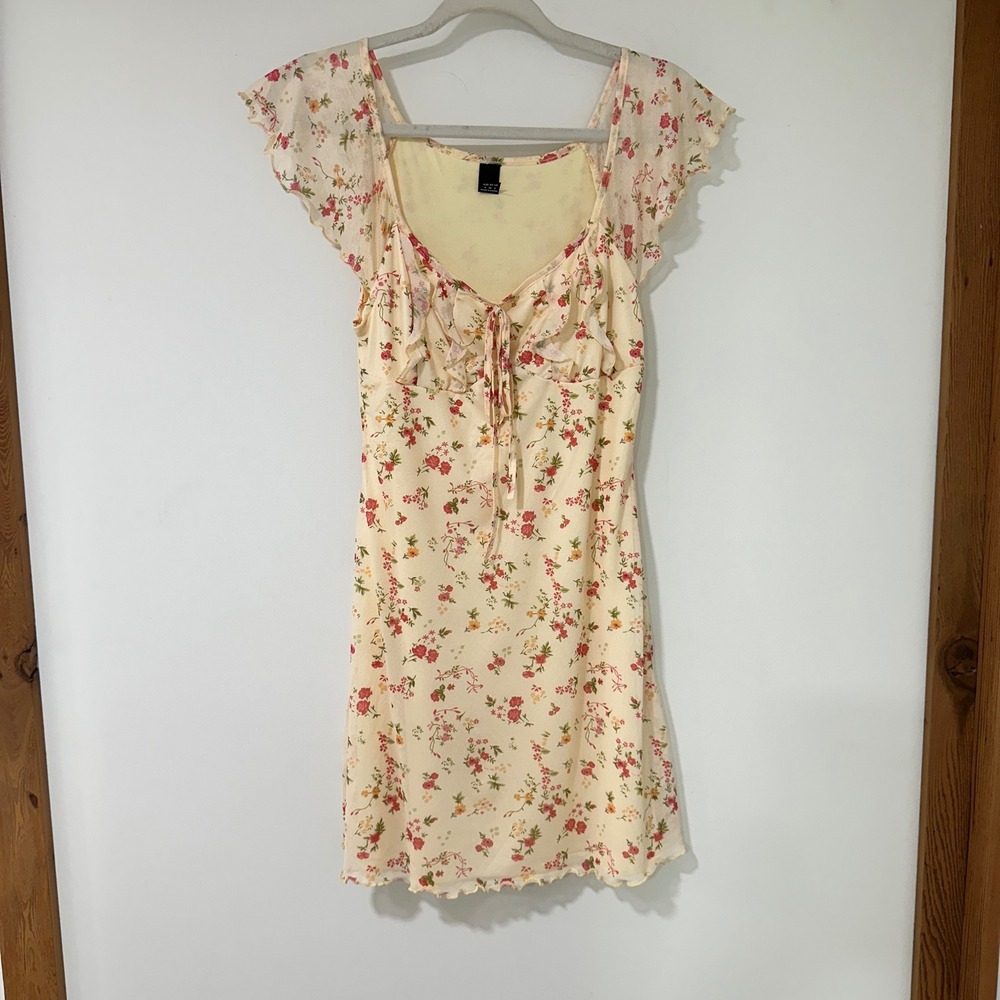 Floral Mesh Mini Dress Womens S Cream Ruffle Sweetheart Fairy Coquette